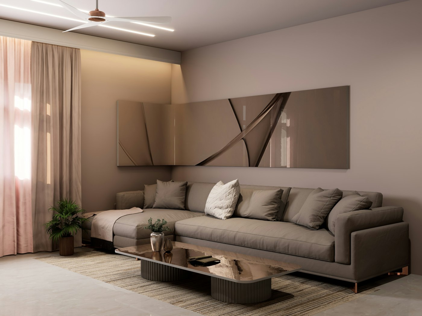 A living room with a grey sectional sofa, a glass coffee table and a long artwork panel